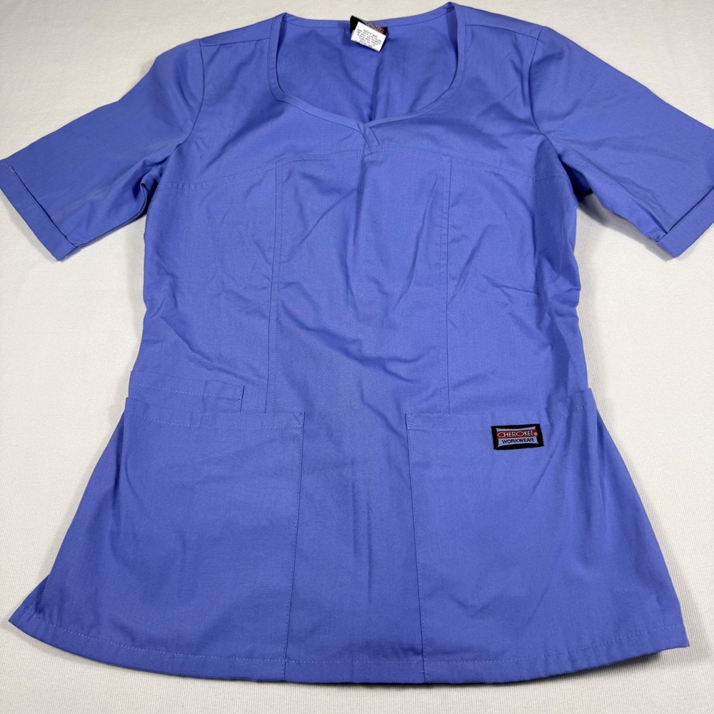 Cherokee Workwear Scrub Top XXS Blue Mock Wrap V-Neck Short Sleeve 4746